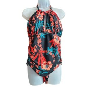 B2PRITY Women's One Piece Swimsuit XL Black Orange Red Floral Halter Resort Swim